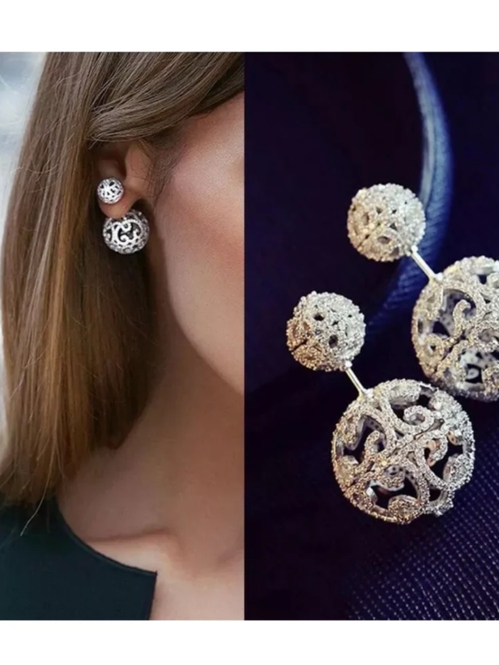 Dior Style Classic Silver Filigree Double Drop Earrings